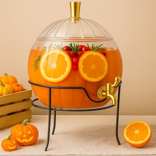 1.3 Gallon Thanksgiving Plastic Drink Dispenser with Metal Stand Spigot Pumpkin Shaped Drink Dispenser Beverage Flask with Spigot for Fall Harvest Halloween Autumn Party Supplies