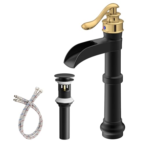 Vessel Sink Faucet, Oil Rubbed Bronze Black Bathroom Faucet, Farmhouse Waterfall Sink Faucet Single Hole with Pop Up Drain Assembly Without Overflow One Hole Mixer Tap Deck Mount