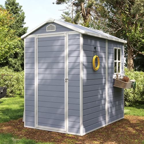 Aoxun 6 x 8 FT Outdoor Storage Shed with Window, Resin Shed with Floor & Lockable Doors, Garden Shed Waterproof Plastic Tool Shed with Sloped Roof for Backyard, Garden, Patio, Lawn, Grey