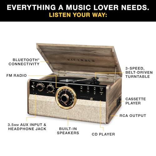 Victrola The Empire Mid-Century 6-in-1 Turntable & Multimedia Center with Built-in Speakers – 3 Speed, Bluetooth Connectivity, Radio, Cassette & CD Player, RCA Out, Headphone Jack (Farmhouse Walnut)