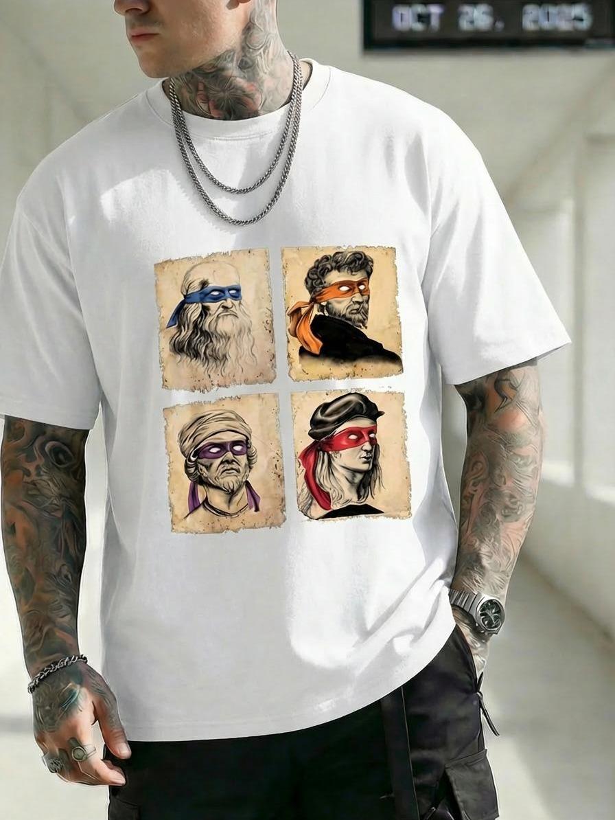 Graphic Tee Mens Casual Short Sleeve T Shirt Featuring Humorous Italian Artists and Teenage Mutant Ninja Turtles Artwork Regular Fit Round Neck Tee for Art Enthusiasts and Ninja Turtle Fans Oversized Casual Men's Letter Pattern Printed T-Shirt Streetwear