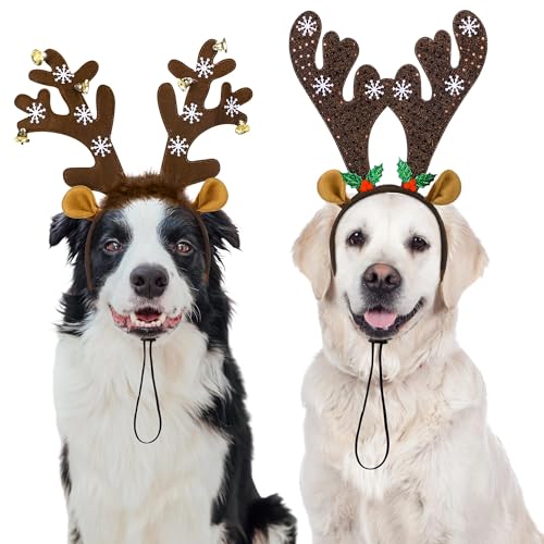Apoway 2 Pack Large Christmas Pet Headbands Brown Reindeer Antlers Headbands Adjustable Xmas Hair Hoop Headwear Christmas Pet Costume Accessories for Dog Cat