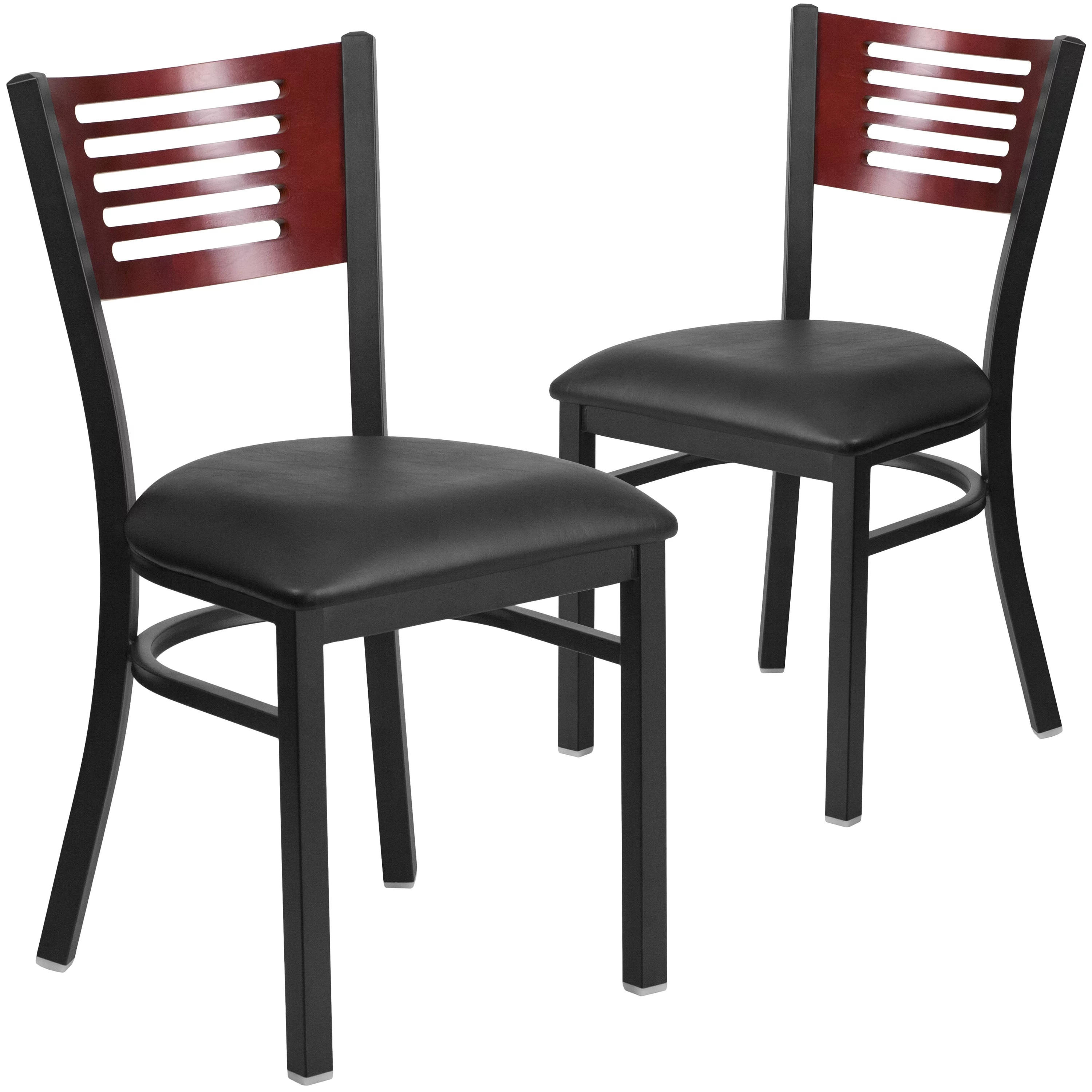 Flash Furniture 2 Pk. HERCULES Series Black Slat Back Metal Restaurant Chair - Mahogany Wood Back, Black Vinyl Seat