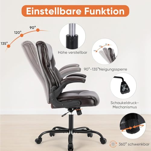 Sweetcrispy Ergonomic Computer Gaming Office Chair, Heavy Duty Task Desk Swivel Rolling Chairs with Wheels, Flip-up Arms, Adjustable Height, PU Leather, Black