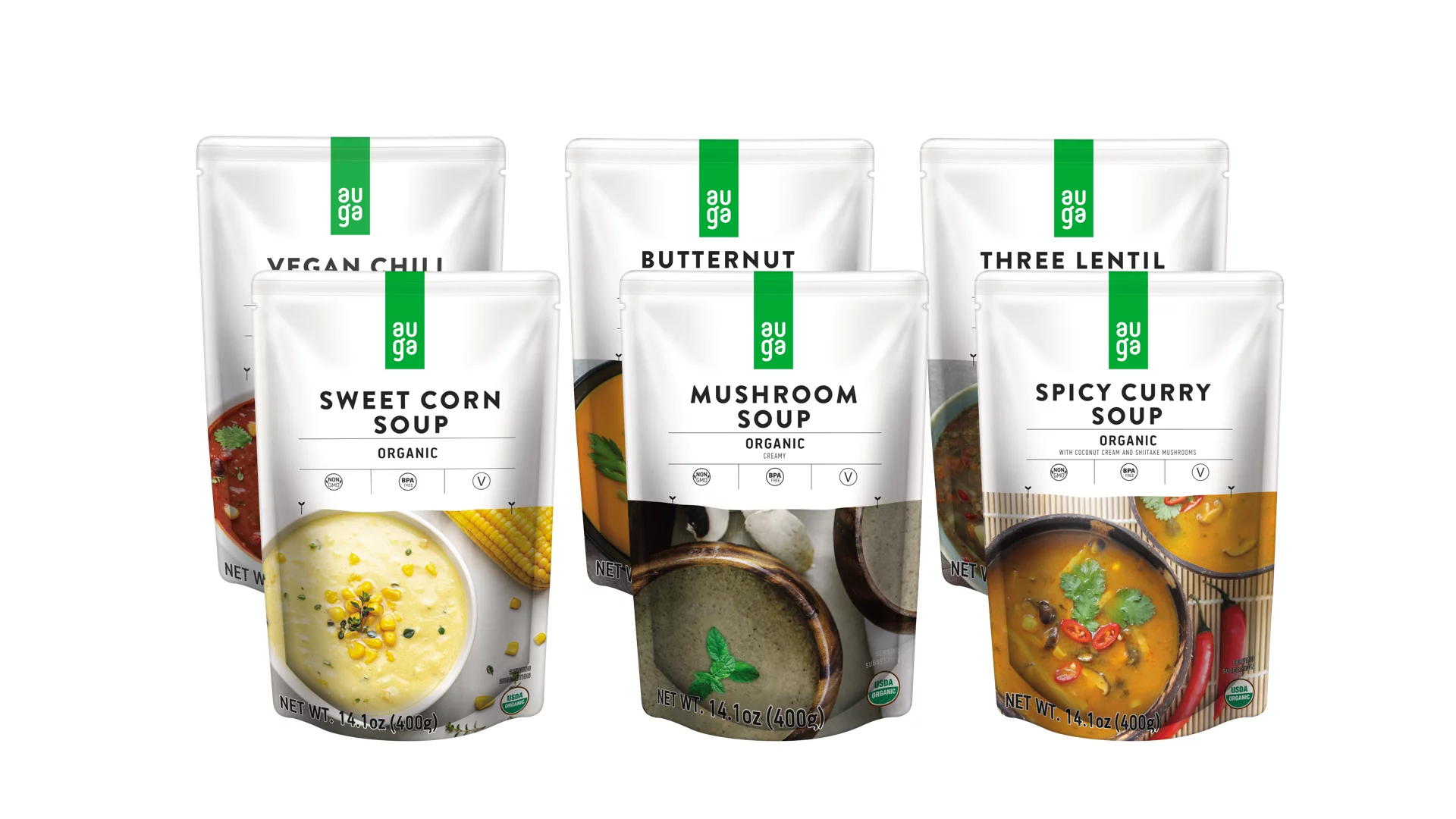 AUGA Organic Vegetable Soup Variety Bundle, 14.1oz (6-pack) (Sweet Corn, Butternut Squash, Three Lentil, Spicy Curry, Vegan Chili Bean, Mushroom) Vegan Plant Based Vegetarian