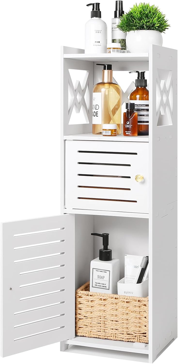 Slim Bathroom Storage Cabinet, Freestanding Weatherproof Bathroom Furniture Cabinets with Double Door and 3 Tier Shelf, Small Bathroom Floor Cabinet for Bathroom, Living Room, Bedroom (B1-style)