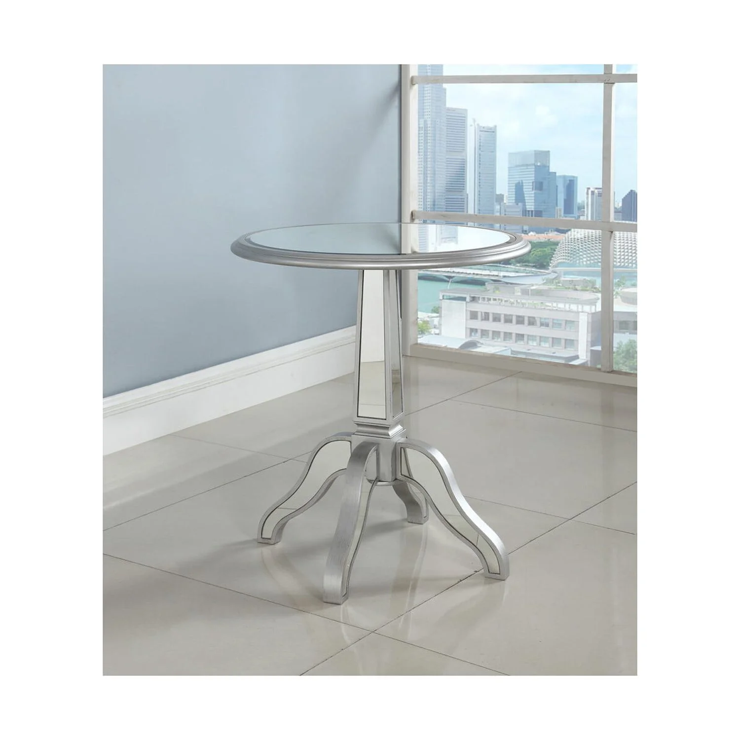 Best Master Furniture Inwood Park Solid Wood Round Side Table in Silver Mirrored
