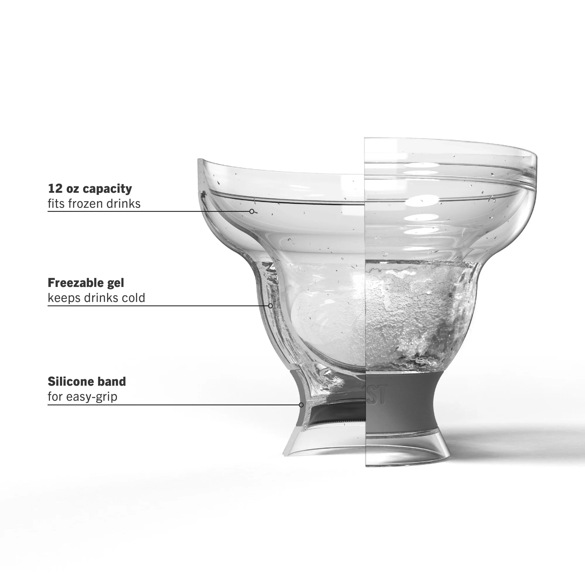 Host FREEZE Margarita Cocktail Glasses, Frozen Cup Double Wall Plastic Margarita Glasses Drinking Set Modern Drinking Glasses Grey Set of 4