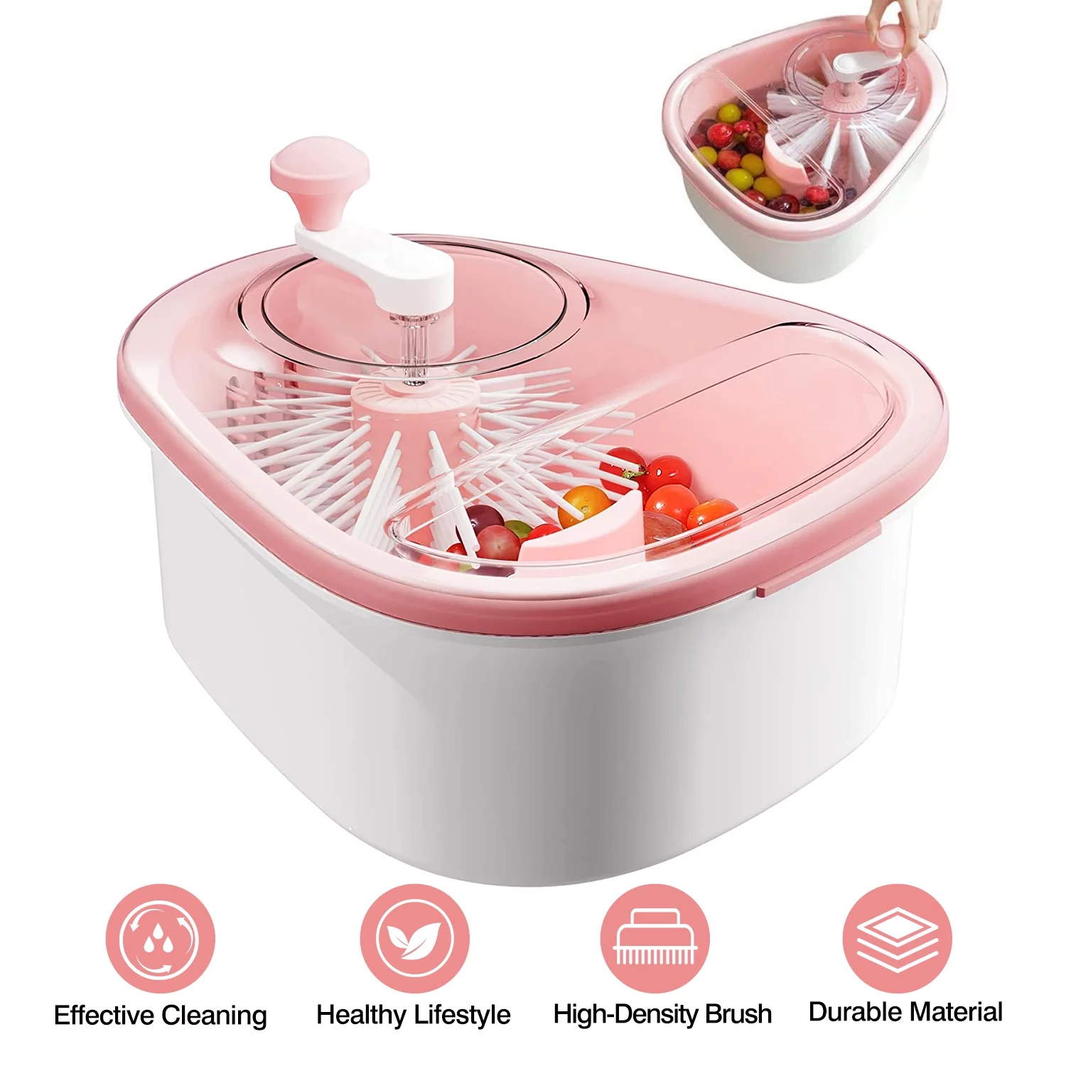Fruit Vegetable Cleaning Device, iMounTEK Salad Washing Spinner with Brush Handle, Fruit Washing Machine with Bowl, Pink