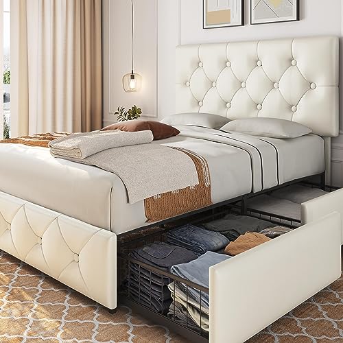 Yaheetech Queen Bed Frame Upholstered Bed Frame with Adjustable Diamond Button-Tufted Headboard/3 Drawers Storage, Queen Platform Bed/Strong Wooden Slats, Black Queen Bed