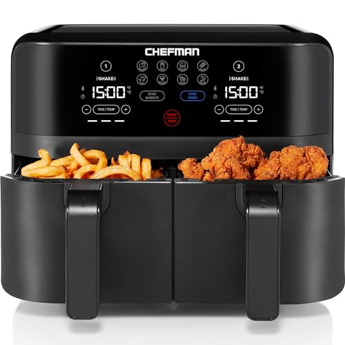 Chefman 6 Quart Dual Basket Air Fryer - Digital Touchscreen, Smart Sync Finish, Hi-Fry, Auto Shutoff, 2 Independent 3QT Nonstick Dishwasher-Safe Frying Baskets - Digital Double Air Fryer - Black
