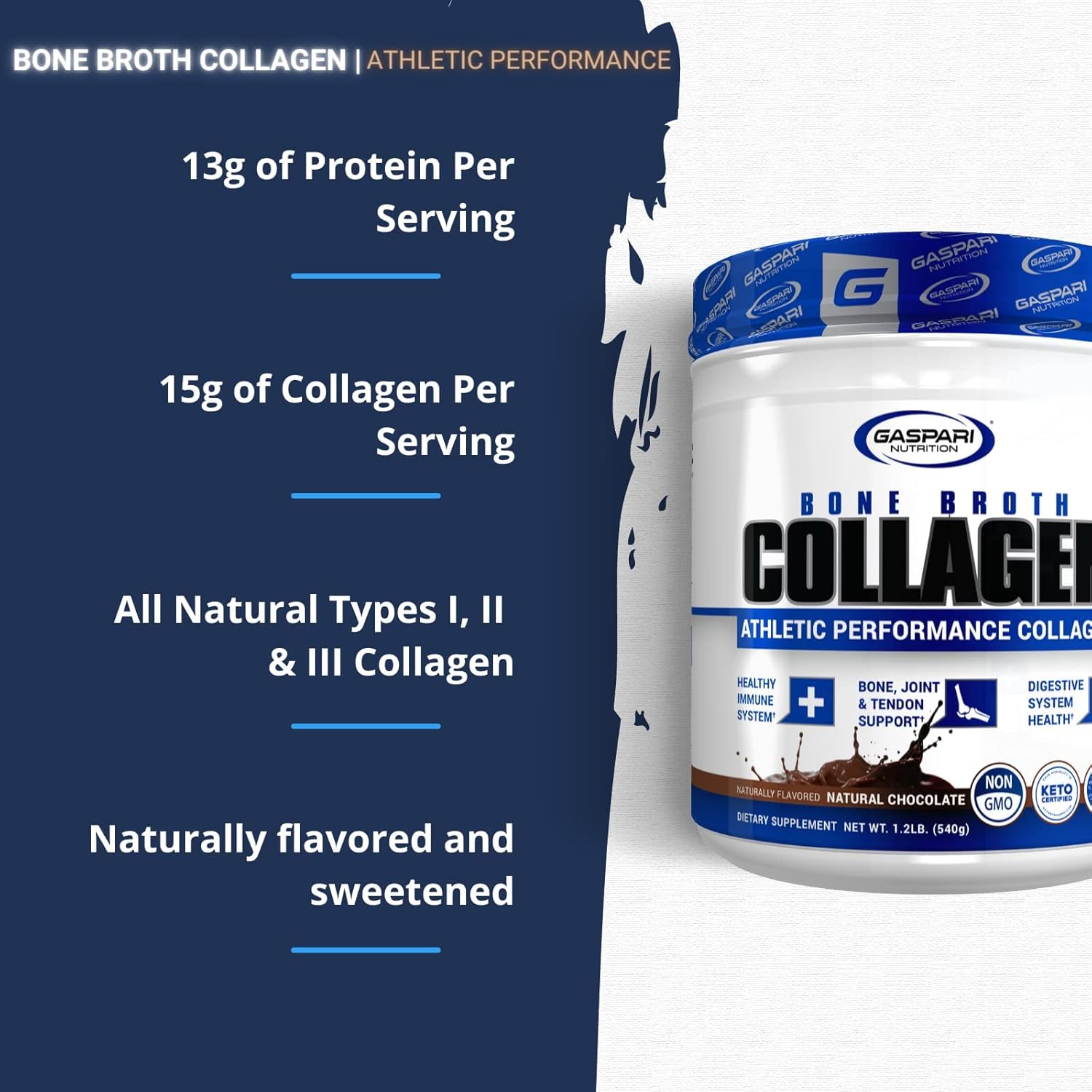 Gaspari Nutrition Bone Broth, Athletic Performance Collagen, 13g Protein, Gluten Free, Non-GMO, Keto Certified, Gut and Joint Health (30 Servings, Natural Chocolate)