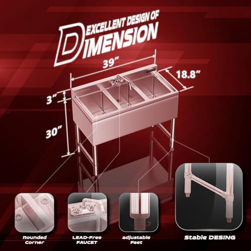 DuraSteel 3 Compartment Under Bar Sink - CEC & NSF 304 Stainless Steel 3 Bay Utility Sink with No Lead Faucet - 60