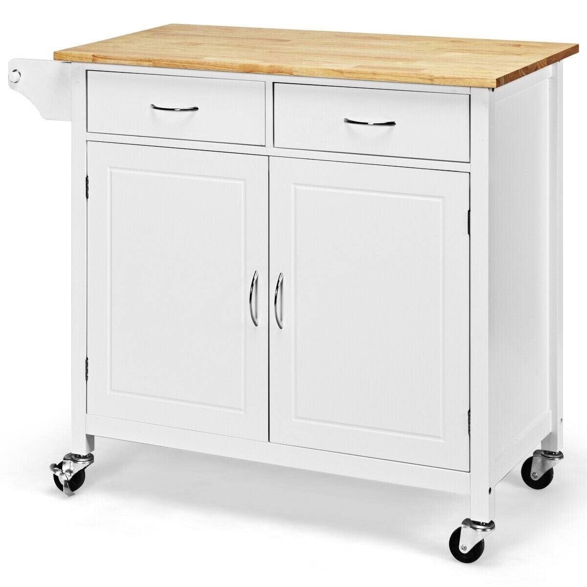 Modern Rolling Kitchen Cart Island with Wooden Top - White
