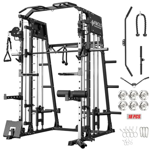 Mikolo Smith Machine, 2200lbs Squat Rack with LAT-Pull Down System & Cable Crossover Machine, Training Equipment with Leg Hold-Down Attachment