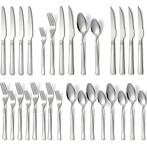 24-Piece Silverware Set with Steak Knives Stainless Steel Flatware Set Service for 4 Cutlery Utensil Sets Includes Forks Knives Spoons Set for Home Kitchen Restaurant