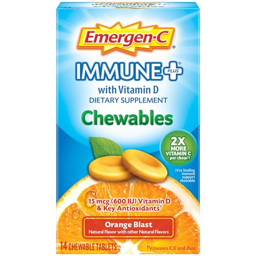 Emergen-C Immune+ Chewables 1000mg Vitamin C with Vitamin D Tablet, Immune Support Dietary Supplement for Immunity, Orange Blast Flavor - 42 Count