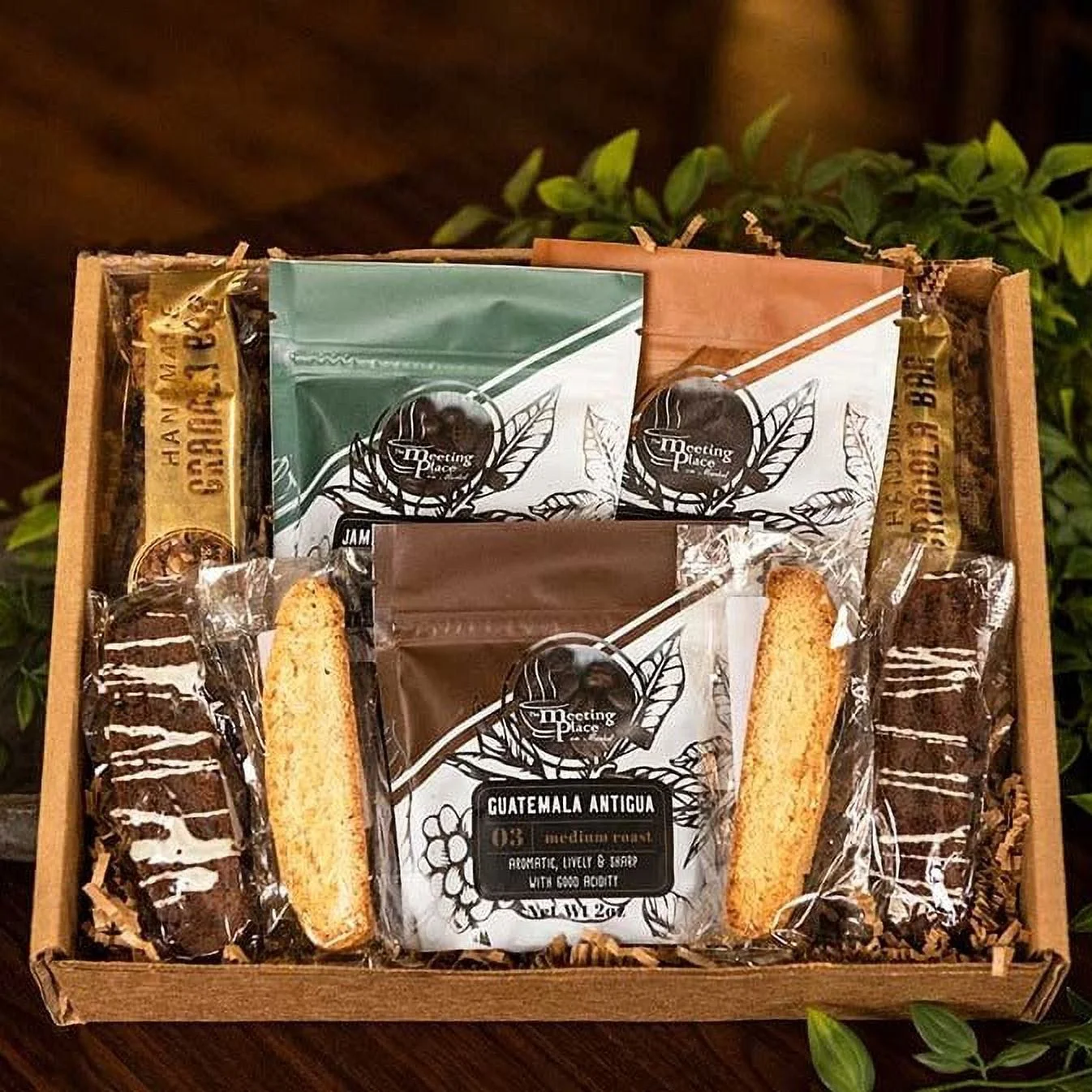 Christmas Coffee Break Gift Box - Biscotti, Granola, and Coffee in a Gift Box with Ribbon