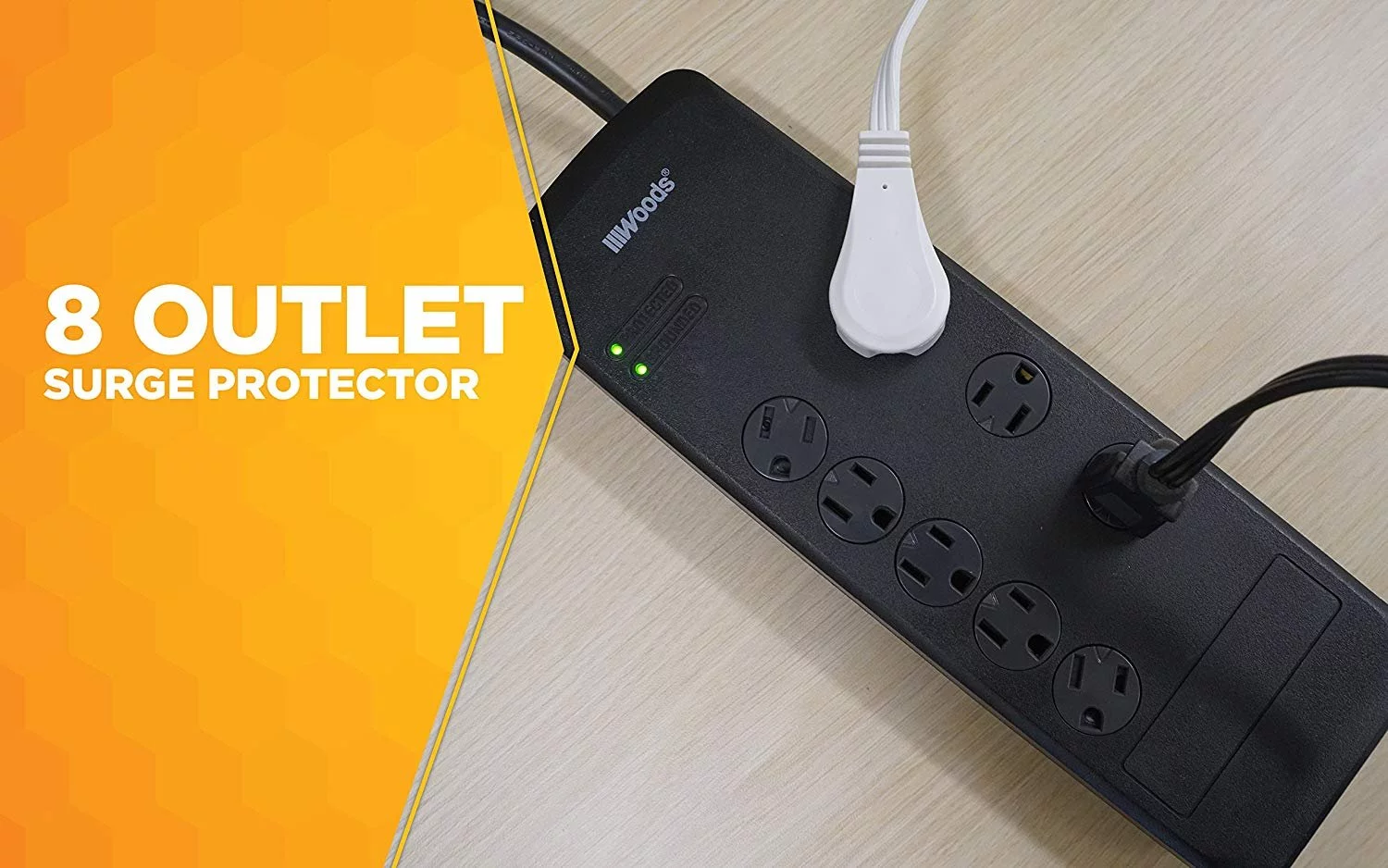 Woods 41618 Surge Protector with Resettable Safety Overload Feature, 8 Outlets, 3540J of Protection, 6 Foot Cord, Black