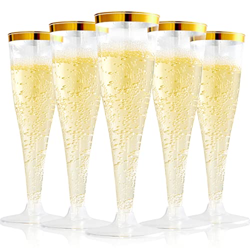 FOCUSLINE 100 Pack Plastic Champagne Flutes, 4.5 Oz Gold Rim Plastic Champagne Glasses, Disposable Clear Toasting Glasses Recyclable Champagne Cups for Wedding Party