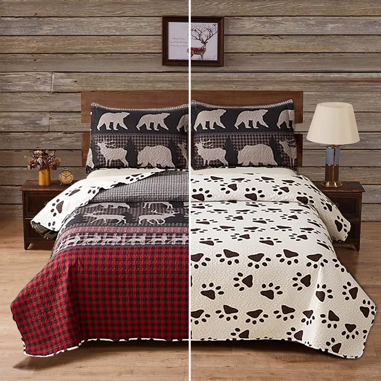 Jessy Home Deer Bear Quilt Queen Rustic Bedspread Red Black Microfiber Coverlet Set