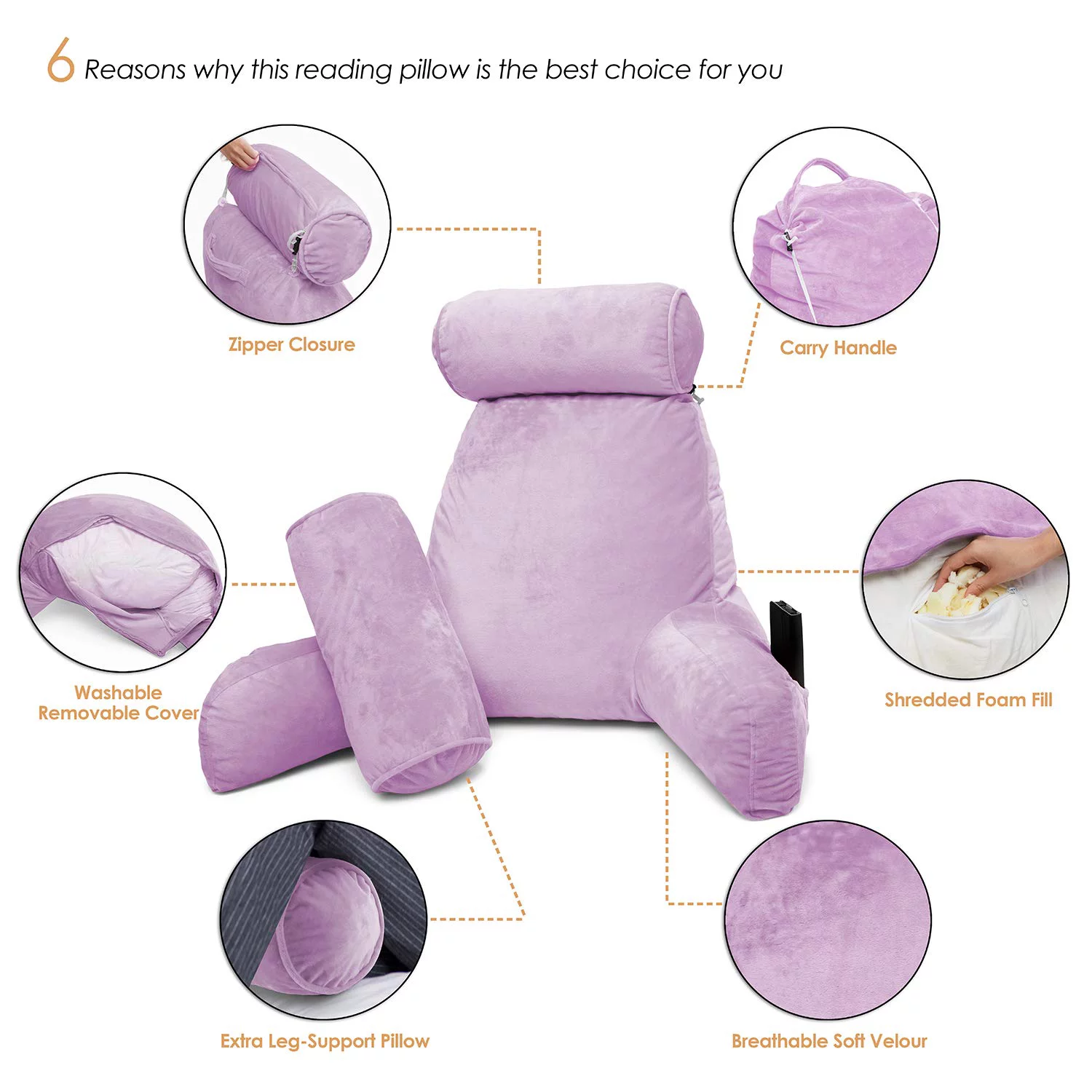 Clara Clark Bed Rest Reading Pillow with Arms and Pockets - Premium Shredded Memory Foam TV Pillow, Detachable Neck Roll & Lumbar Support Pillow, Large, Light Purple