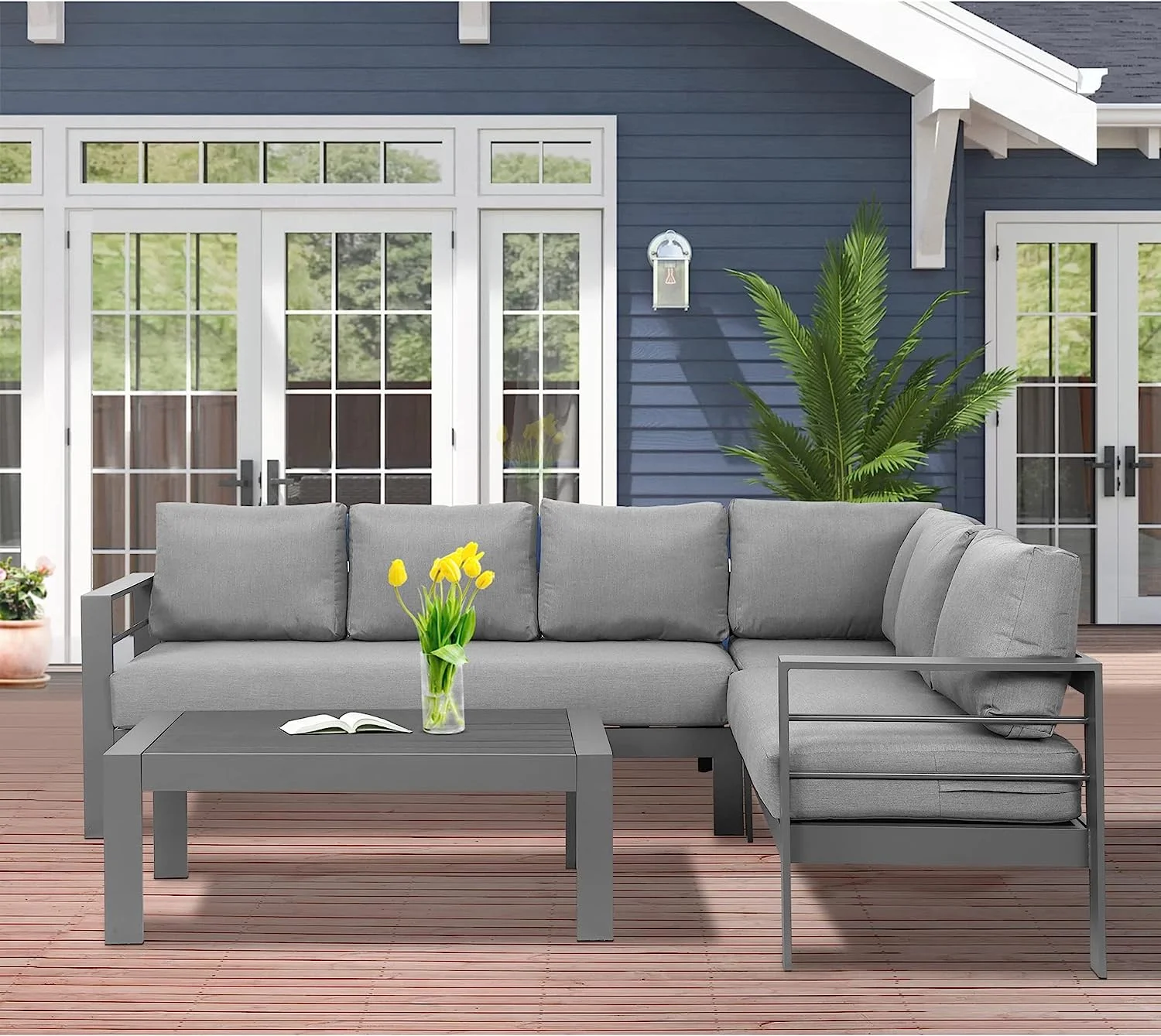 sell well Lane Aluminum Outdoor Patio Furniture Set  Metal Outside Patio Furniture Conversation Sets with Dining Table&2 Ottomans  Sectional Sofa Couch Seating Set with Cushion for Ba