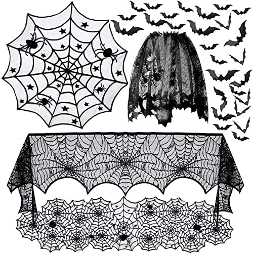 Halloween Decorations Sets,Fireplace Mantel Scarf,Round Spider Table Cover,Lace Table Runner and Cobweb Lampshade,80 Pcs 3D Bat for Party Decors