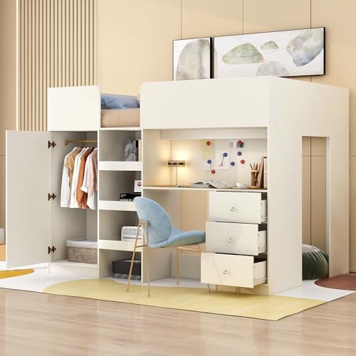 Harper & Bright Designs Full Size Loft Bed with Desk, Wood Full Loft Bed Frame with Built-in Wardrobe, Storage Shelves and Drawers, Gray