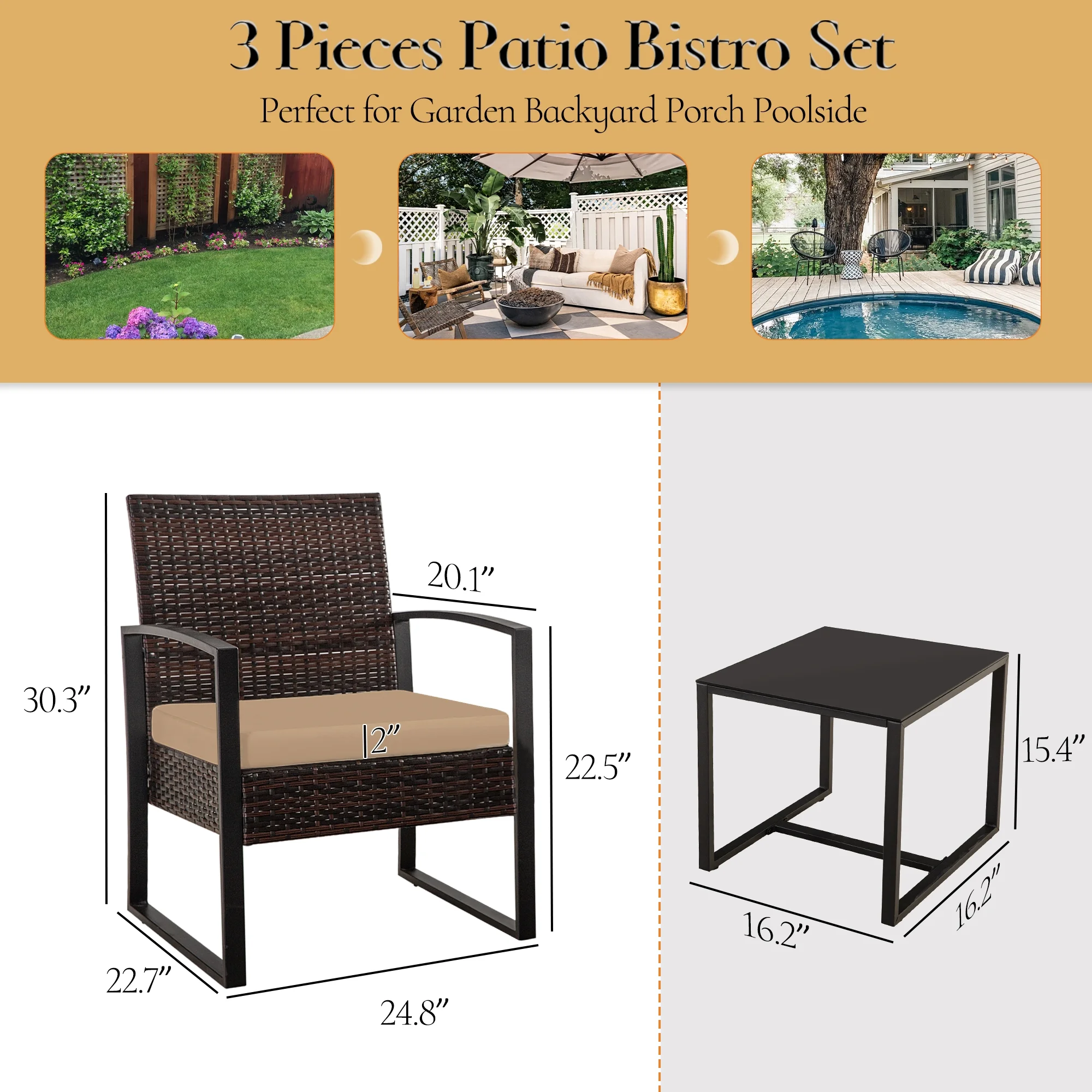FHFO 3 Pieces Patio Furniture Set, Outdoor Wicker Conversation Bistro Set w/ 2 Chairs, 2 Cushions, Glass Coffee Table for Garden Balcony Backyard Porch Lawn - Brown Wicker & Brown Cushions