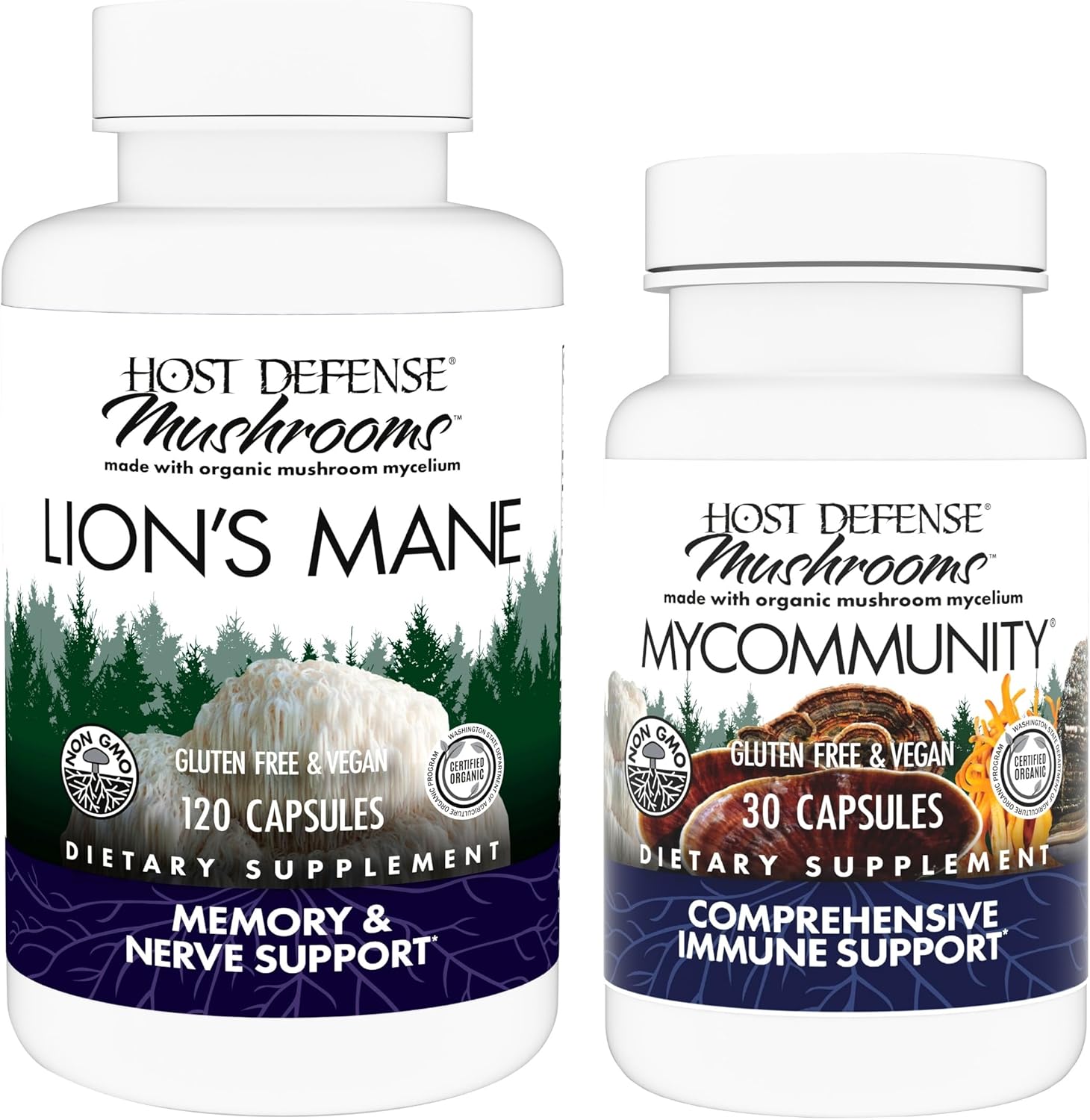 Host Defense Bundle with Lion's Mane Capsules, 120 Count & MyCommunity Capsules, 30 Count - Support Brain Health, Memory & Focus - Support Immune Health with 17 Species Mushroom Blend*