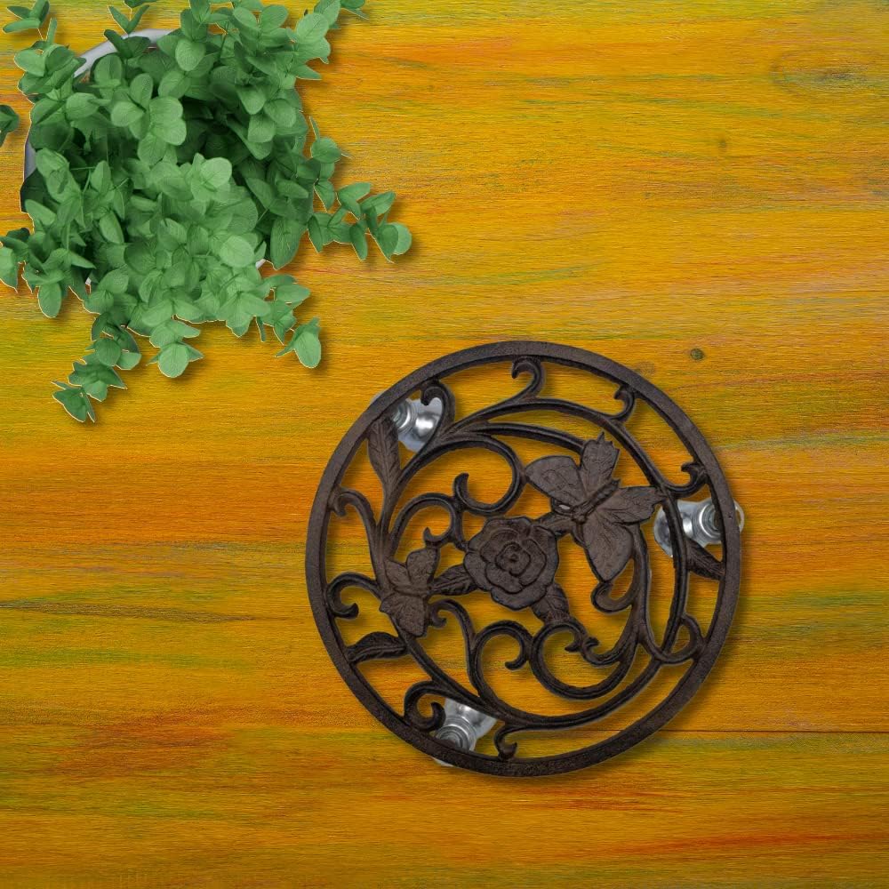 Comfy Hour Rustic Style Collection Cast Iron Butterfly Flower Garden Plant Trolley Flowerpot Holder