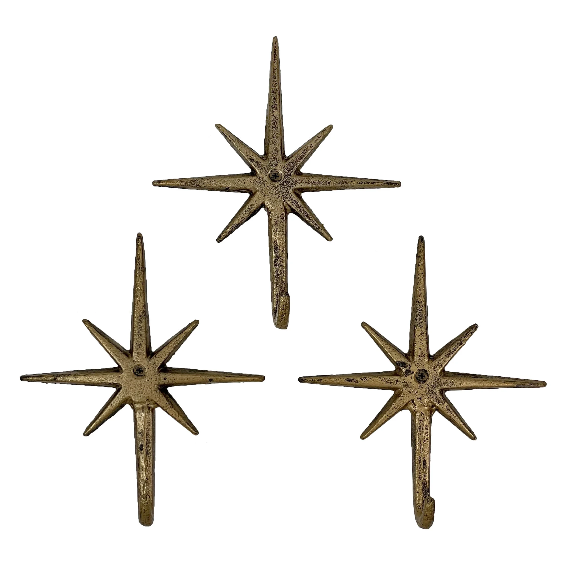 Zeckos Set of 3 Gold Finish Cast Iron Atomic Starburst Wall Hooks - Gold - Size 1.25 inch Projection