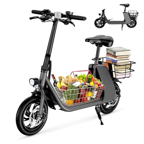 Electric Scooter with Seat for Adults, 672W Peak Motor Up to 20 Miles Range, 20 MPH, 12.5 inch Tires Folding 2 Wheel E Scooter for Commuting with Basket