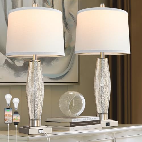 QiMH Table Lamps Set of 2, Bedroom Lamp with USB A+C Charging Ports, Modern Beside Lamps for Living Room with White Shade Rotary Switches, Glass Nightstand Lamp Home Decor (LED Bulbs Included)