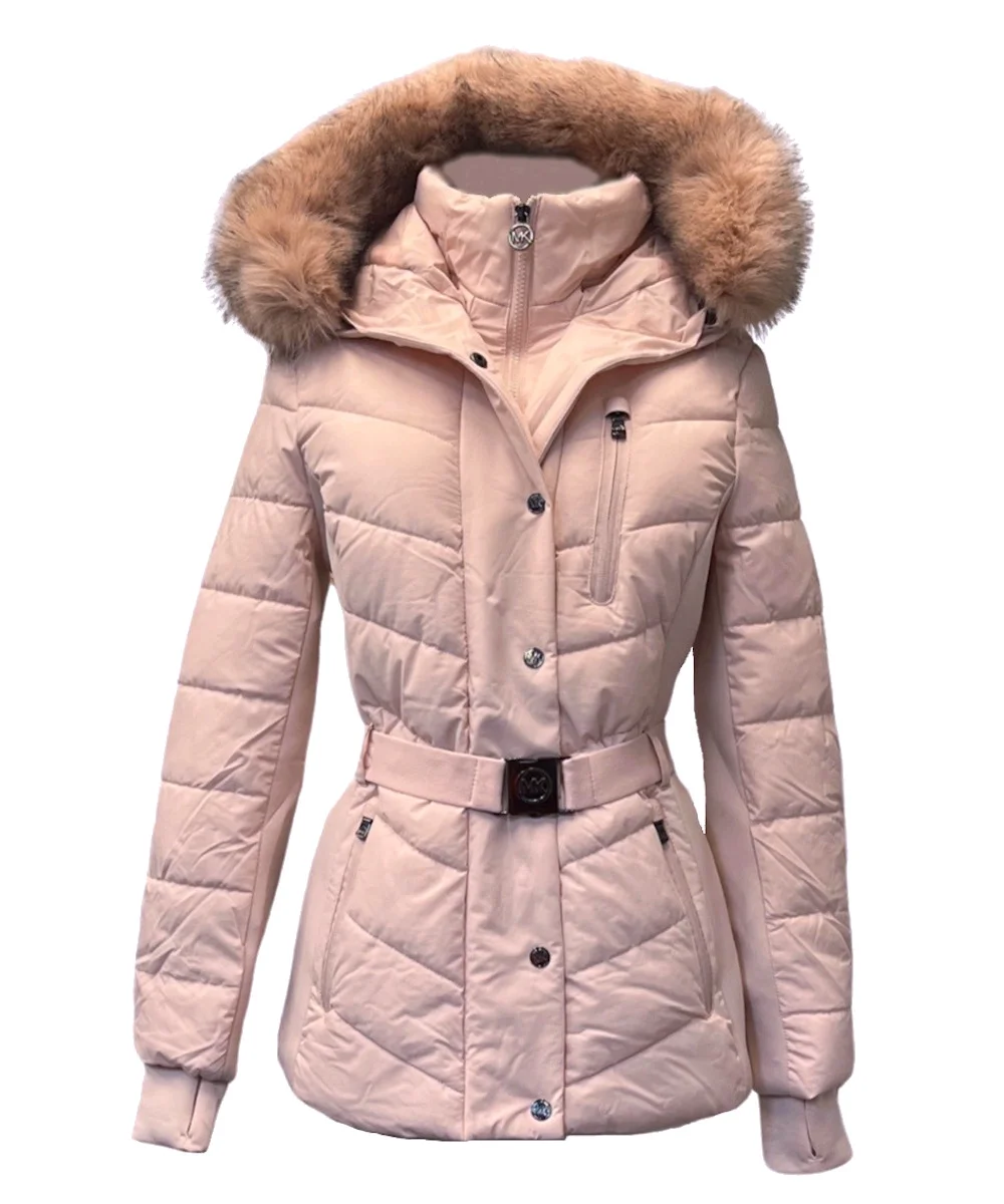 Michael Michael Kors Women's Faux Fur Hooded Puffer Scuba Belted Coat Jacket Blush - L