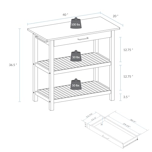 Casual Home Kitchen Island with Solid American Hardwood Top, Natural/White, 40