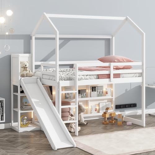 Twin Size House Loft Bed with Slide, Storage Shelves and Light, Wood Kids Bed Frame with Guardrail and Ladder,Climbing Ramp,for Teens Boys Girls Bedroom, White