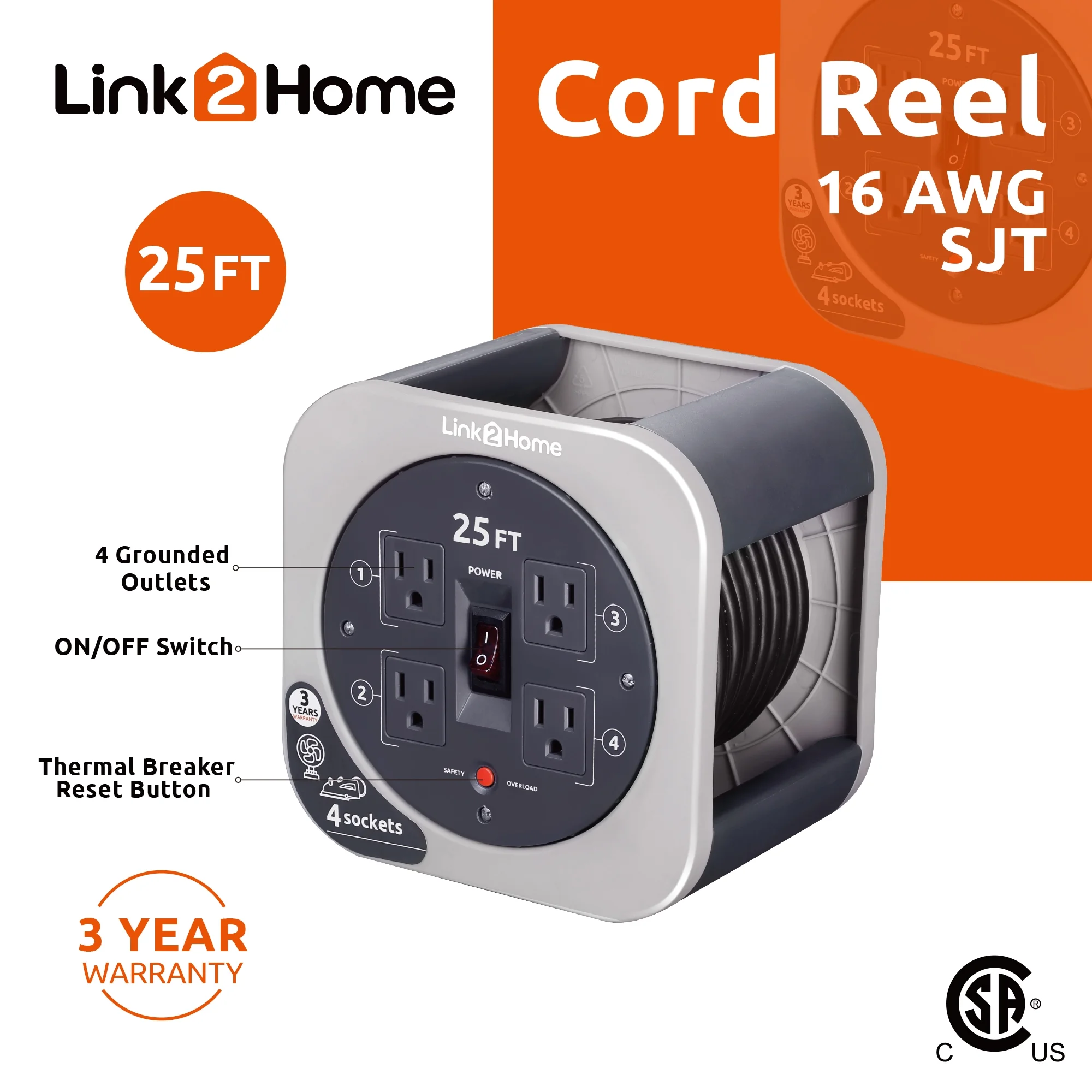 Link2Home Extension Cord Reel 25 ft. with 4 Power Outlets, 16 AWG SJT Cable.