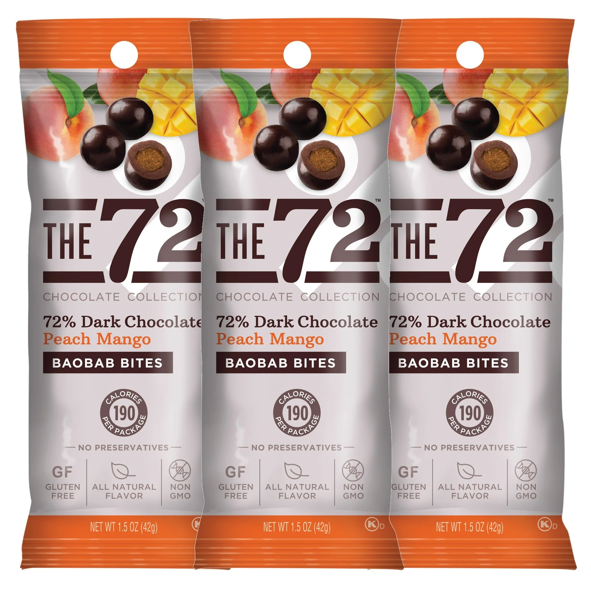 72% Dark Chocolate Peach Mango Baobab Bites 1.5 oz. Bag