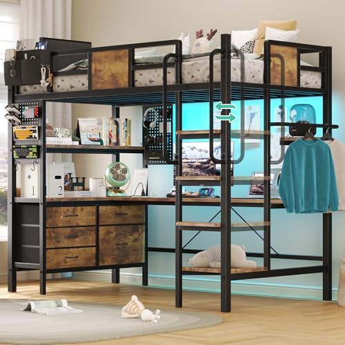 Loft Bed Twin Size, Twin Loft Bed with Desk, Metal Bunk Bed with Desk Underneath and LED Lights & Charging Station, L-Shaped Desk and Storage,5 Drawer&2 Pegboards, Safety Guard Ladder, Brown