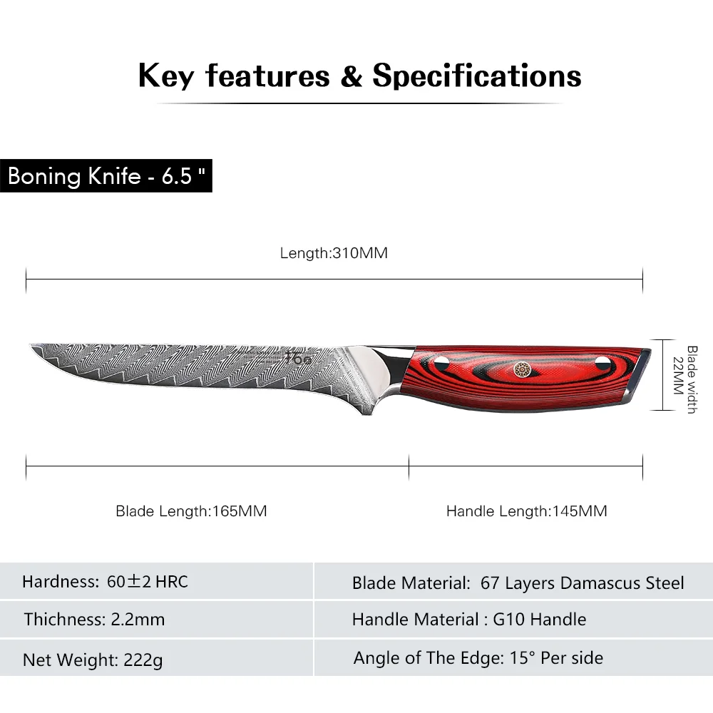 TURWHO 6.5inch Boning Knife 67-Layer Japanese VG10 Damascus Steel Kitchen Filleting Deboning Knife With Red G10 Handle