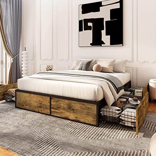 Allewie Industrial Storage Bed with Drawers, Wooden Metal Platform, Sturdy & Noise-Free, Modern Full Size for Bedroom & Apartment