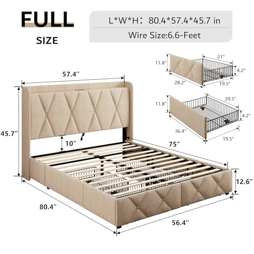 iPormis Queen Bed Frame with 4 Storage Drawers, Upholstered Platform Bed Frame with Charging Station, Modern Wingback Storage Headboard, Easy Assembly, Black