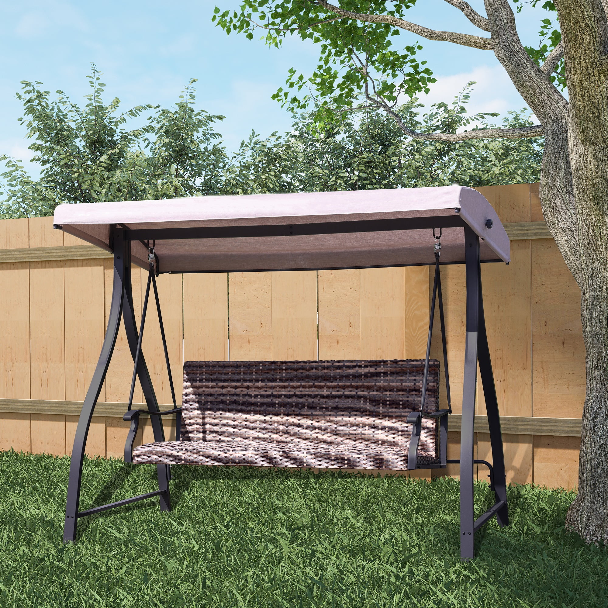 Aoodor-3-Seat Outdoor Rattan Patio Swing with Adjustable Brown Canopy, Built-in Quick-drying Foam Seat, Rattan Wicker, Rust-resistant Iron Frame, All-Weather, for Porch,Garden