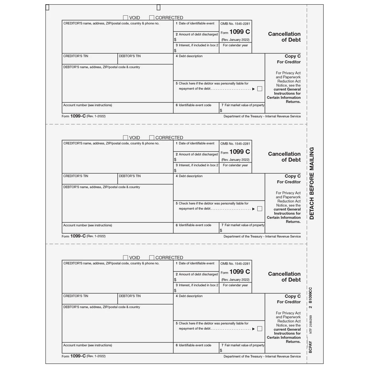 1099-C, 3-Up, Copy C Creditor (Cancellation of Debt), IRS Approved 150/Pk