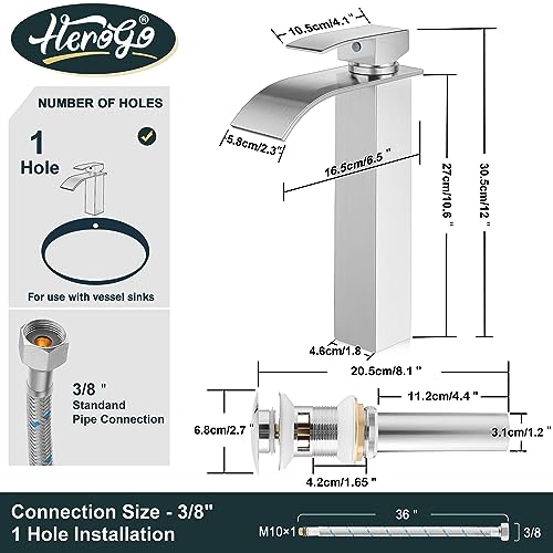 Herogo Vessel Sink Faucet Brushed Nickel, Stainless Steel Waterfall Spout Single Handle Tall Bathroom Sink Faucet with Pop-up Drain & 2 Supply Lines, for 1 Hole Lavatory Bowl Mixer Tap