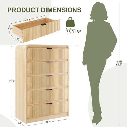 Fluted 5 Drawers Dresser for Bedroom, 48