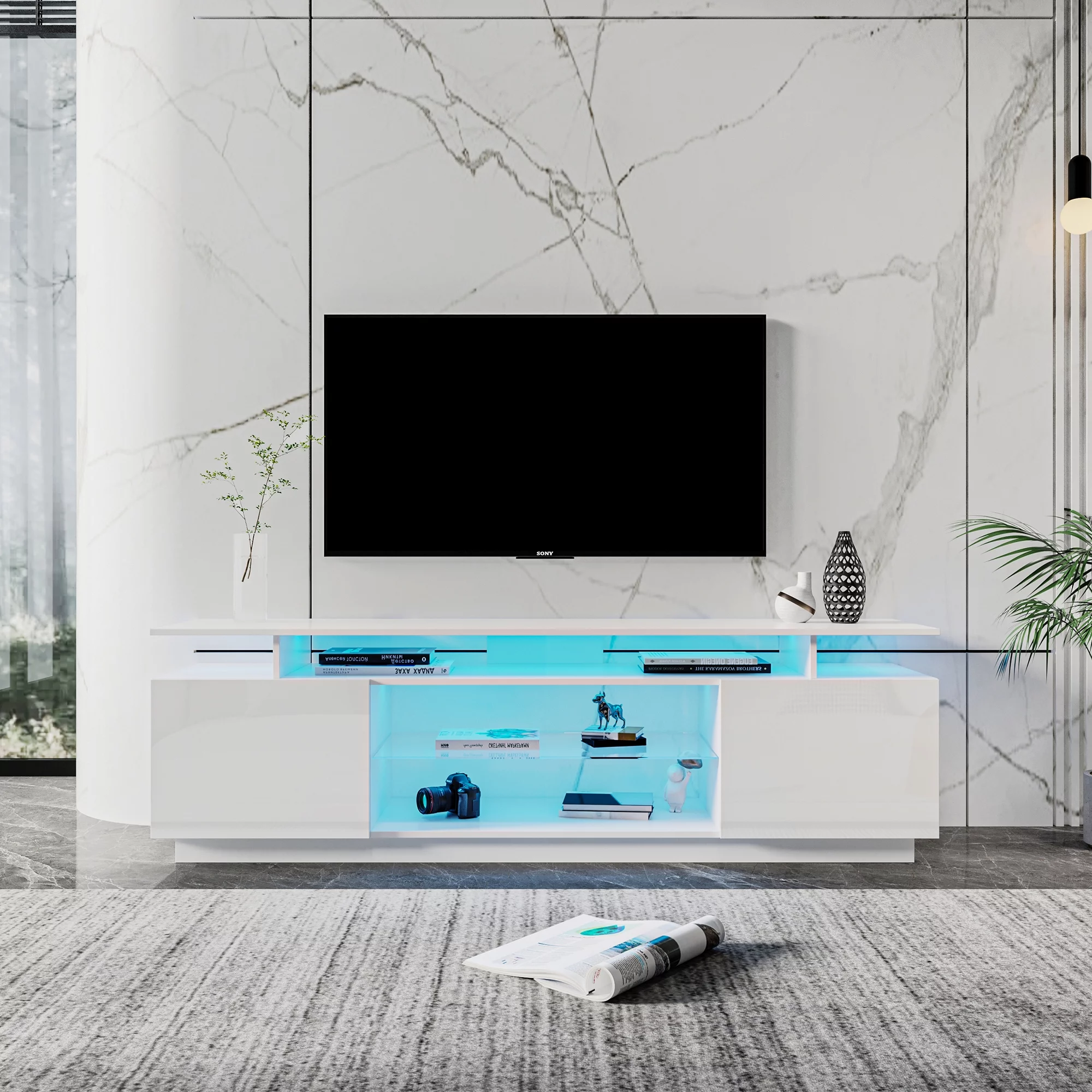 Paproos TV Stand for 75 Inch TV, High Gloss TV Cabinet with 20 Colors LED Light and Remote, Living Room TV Console Table with Storage Cabinets&Shelves, Entertainment Center for 70-80 Inches TV, White