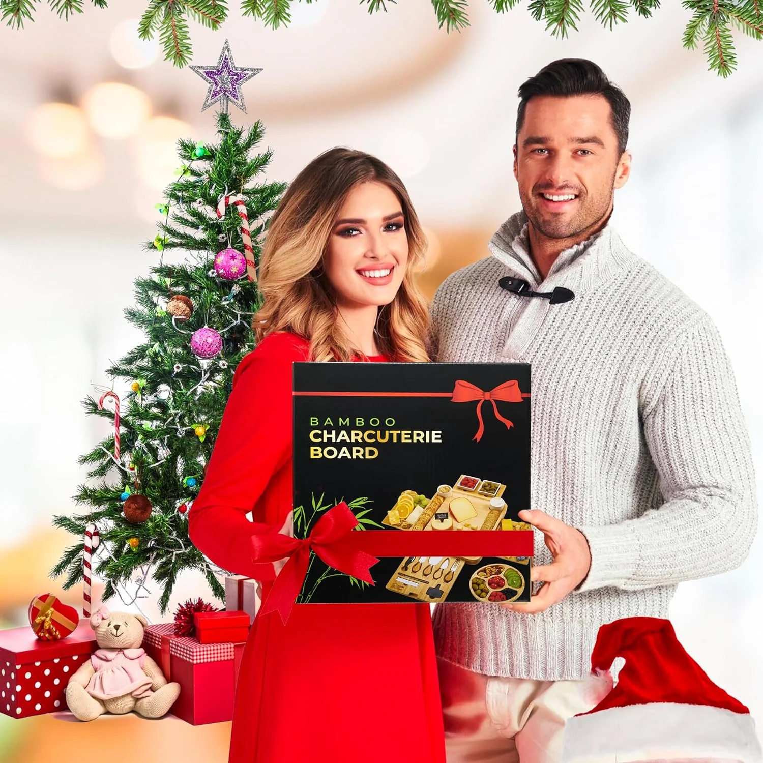 Large Charcuterie Board Set - Bonus Recipe Book - 2 Ceramic Bowls & Plates, 4 Magnetic Drawers Bamboo Cheese Knife Set, Round Tray - Christmas & Housewarming Gifts